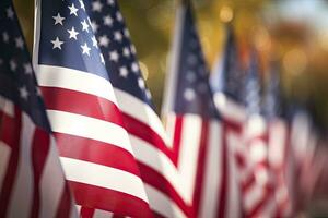 AI generated Closeup of an American flag in a row. AI Generated photo