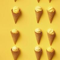 AI generated Ice Cream pattern on yellow background, top view. AI Generated photo