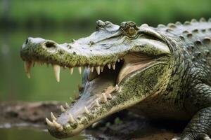 ai generado cocodrilo con sus boca amplio abierto con un verde lago en el verde antecedentes. ai generado foto