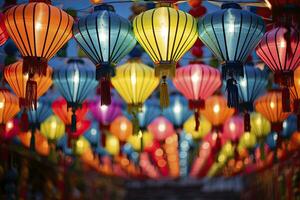 AI generated Colorful festival lanterns during the Chinese traditional holiday season. AI Generated photo