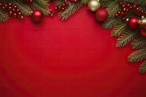 AI generated Christmas or New Year red background with fir decor. AI Generated photo