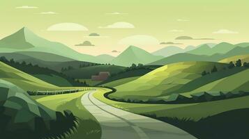 AI generated Green Rolling Hills in the Background, Paved Road in the Foreground. AI Generative photo