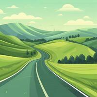 AI generated Green Rolling Hills in the Background, Paved Road in the Foreground. AI Generative photo