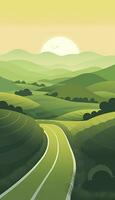 AI generated Green Rolling Hills in the Background, Paved Road in the Foreground. AI Generative photo