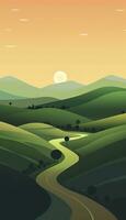 AI generated Green Rolling Hills in the Background, Paved Road in the Foreground. AI Generative photo