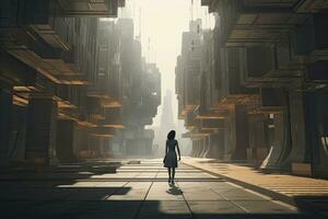 AI generated Woman walking in futuristic brutalist city street.  AI Generated. photo