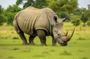 AI generated White Rhino grazing. AI Generated photo