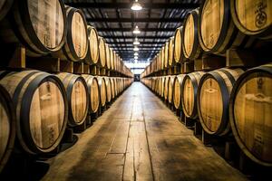 AI generated Wooden oak Port barrels in neat rows. AI Generated photo