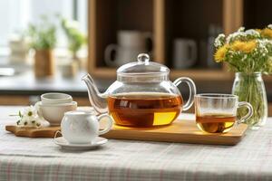 AI generated Wooden tray with teapot, cups of natural chamomile tea and flowers on table. Generative AI photo