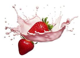 AI generated milk or yogurt splash with strawberries isolated on white background, 3d rendering. AI Generated photo