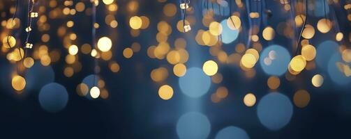 AI generated holiday illumination and decoration concept, Christmas garland bokeh lights over dark blue background. AI Generated photo