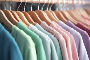 AI generated Colorful clothes on a clothing rack, pastel colorful closet in a shopping store or bedroom, rainbow color clothes choice on hangers, home wardrobe concept image. AI Generative photo