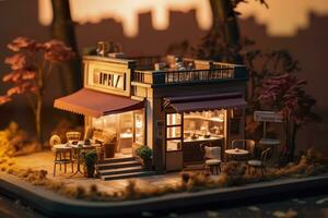 AI generated A charming and cozy coffee shop Set beside a busy highway with Warm and golden sunset light, and a Picturesque sunset view with vibrant colors. AI Generative photo