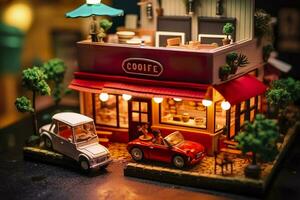 AI generated A charming and cozy coffee shop Set beside a busy highway with Warm and golden sunset light, and a Picturesque sunset view with vibrant colors. AI Generative photo