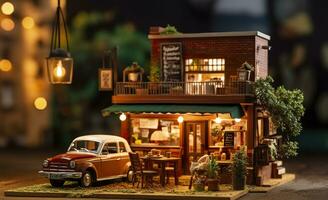 AI generated A charming and cozy coffee shop Set beside a busy highway with Warm and golden sunset light, and a Picturesque sunset view with vibrant colors. AI Generative photo