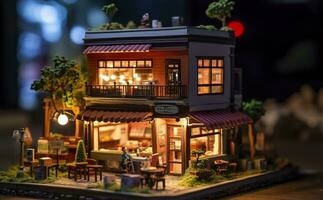 AI generated A charming and cozy coffee shop Set beside a busy highway with Warm and golden sunset light, and a Picturesque sunset view with vibrant colors. AI Generative photo