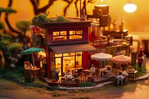AI generated A charming and cozy coffee shop Set beside a busy highway with Warm and golden sunset light, and a Picturesque sunset view with vibrant colors. AI Generative photo
