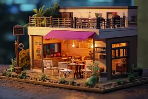AI generated A charming and cozy coffee shop Set beside a busy highway with Warm and golden sunset light, and a Picturesque sunset view with vibrant colors. AI Generative photo