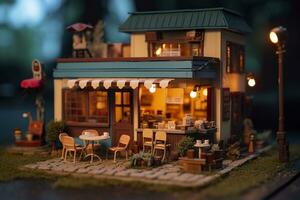 AI generated A charming and cozy coffee shop Set beside a busy highway with Warm and golden sunset light, and a Picturesque sunset view with vibrant colors. AI Generative photo