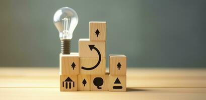 AI generated Creative idea, solution and innovation concept. Idea generation for business development. Wooden cube blocks with light bulb and cycle icons on clean background and copy space. photo