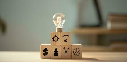 AI generated Creative idea, solution and innovation concept. Idea generation for business development. Wooden cube blocks with light bulb and cycle icons on clean background and copy space. photo