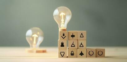 AI generated Creative idea, solution and innovation concept. Idea generation for business development. Wooden cube blocks with light bulb and cycle icons on clean background and copy space. photo