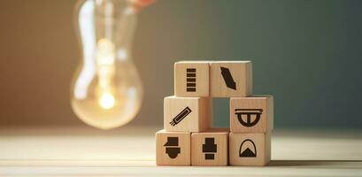 AI generated Creative idea, solution and innovation concept. Idea generation for business development. Wooden cube blocks with light bulb and cycle icons on clean background and copy space. photo