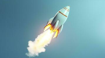 AI generated A small rocket takes off from a Laptop with vibrant color combinations in light sky blue and light gray colors for a website, business, and financial success concepts.  AI Generative photo