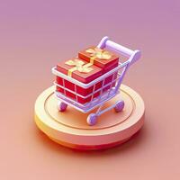 ai generado ligero naranja y rosado compras carro con regalo caja icono. ai generativo foto