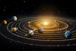 AI generated Our 3d Solar system with planets in orbits path. AI Generative photo