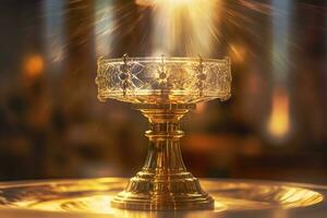 AI generated The golden monstrance with a little transparent crystal center, consecrated host. church defocused background. AI Generative photo