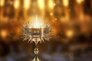 AI generated The golden monstrance with a little transparent crystal center, consecrated host. church defocused background. AI Generative photo