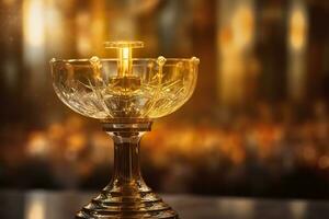 AI generated The golden monstrance with a little transparent crystal center, consecrated host. church defocused background. AI Generative photo
