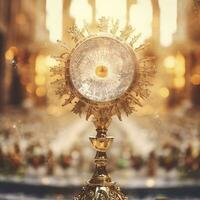 AI generated The golden monstrance with a little transparent crystal center, consecrated host. church defocused background. AI Generative photo