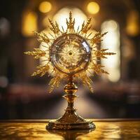 AI generated The golden monstrance with a little transparent crystal center, consecrated host. church defocused background. AI Generative photo