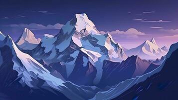 AI generated Snow peaks and glaciers on the dark sky landscape illustration. AI Generative photo