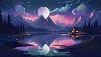 AI generated Moonlight mountain scene, house beside a lake. AI Generative photo