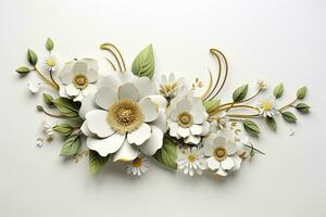AI generated 3d gold flowers white backgroung. AI Generated photo