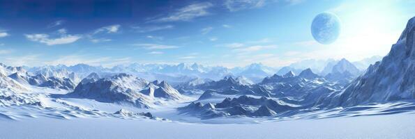 AI generated vast desolated snow land, big mountains in the background, snowfall with light blue sky and light blue colors, peaceful atmosphere,  AI Generative photo