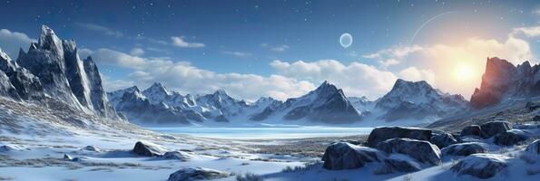 AI generated vast desolated snow land, big mountains in the background, snowfall with light blue sky and light blue colors, peaceful atmosphere,  AI Generative photo