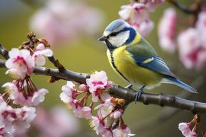 ai generado un bluetit pájaro descansando en el rama. eurasiático azul teta foto