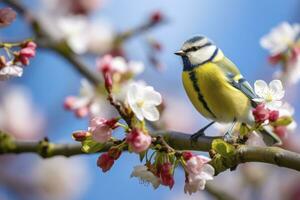 AI generated A Bluetit bird resting on the branch. Eurasian blue tit photo