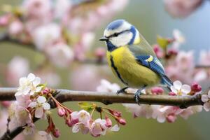 AI generated A Bluetit bird resting on the branch. Eurasian blue tit photo