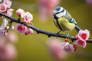 ai generado un bluetit pájaro descansando en el rama. eurasiático azul teta foto