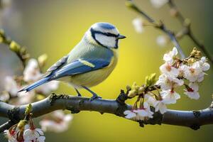 AI generated A Bluetit bird resting on the branch. Eurasian blue tit photo