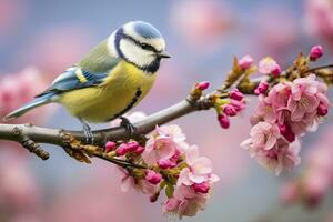 AI generated A Bluetit bird resting on the branch. Eurasian blue tit photo