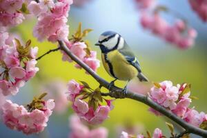 AI generated A Bluetit bird resting on the branch. Eurasian blue tit photo