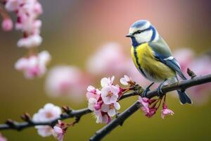 ai generado un bluetit pájaro descansando en el rama. eurasiático azul teta foto