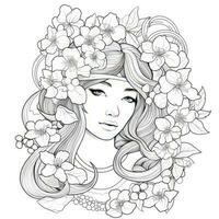 AI generated A girl on a coloring book page with Jasmine flowers. AI Generated photo