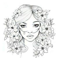 AI generated A girl on a coloring book page with Jasmine flowers. AI Generated photo